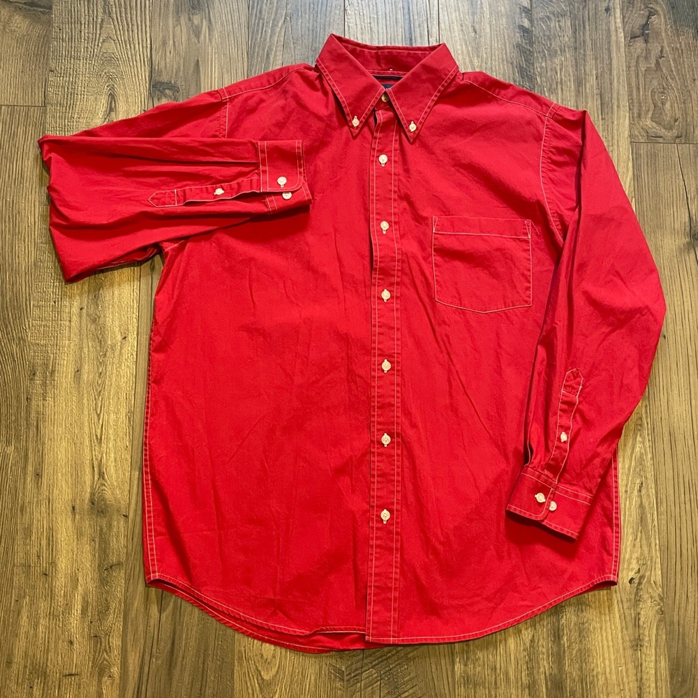Jantzen Mens Red Cotton Long Sleeve Button Down Shirt Contrast Stitch Large
